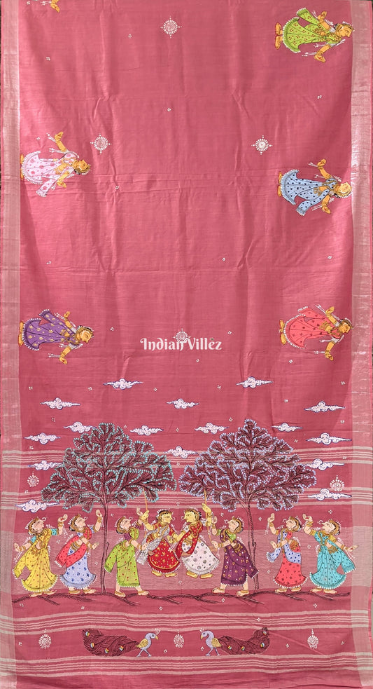 Pink Raja Theme Pattachitra on Linen Cotton with Zari Border Saree