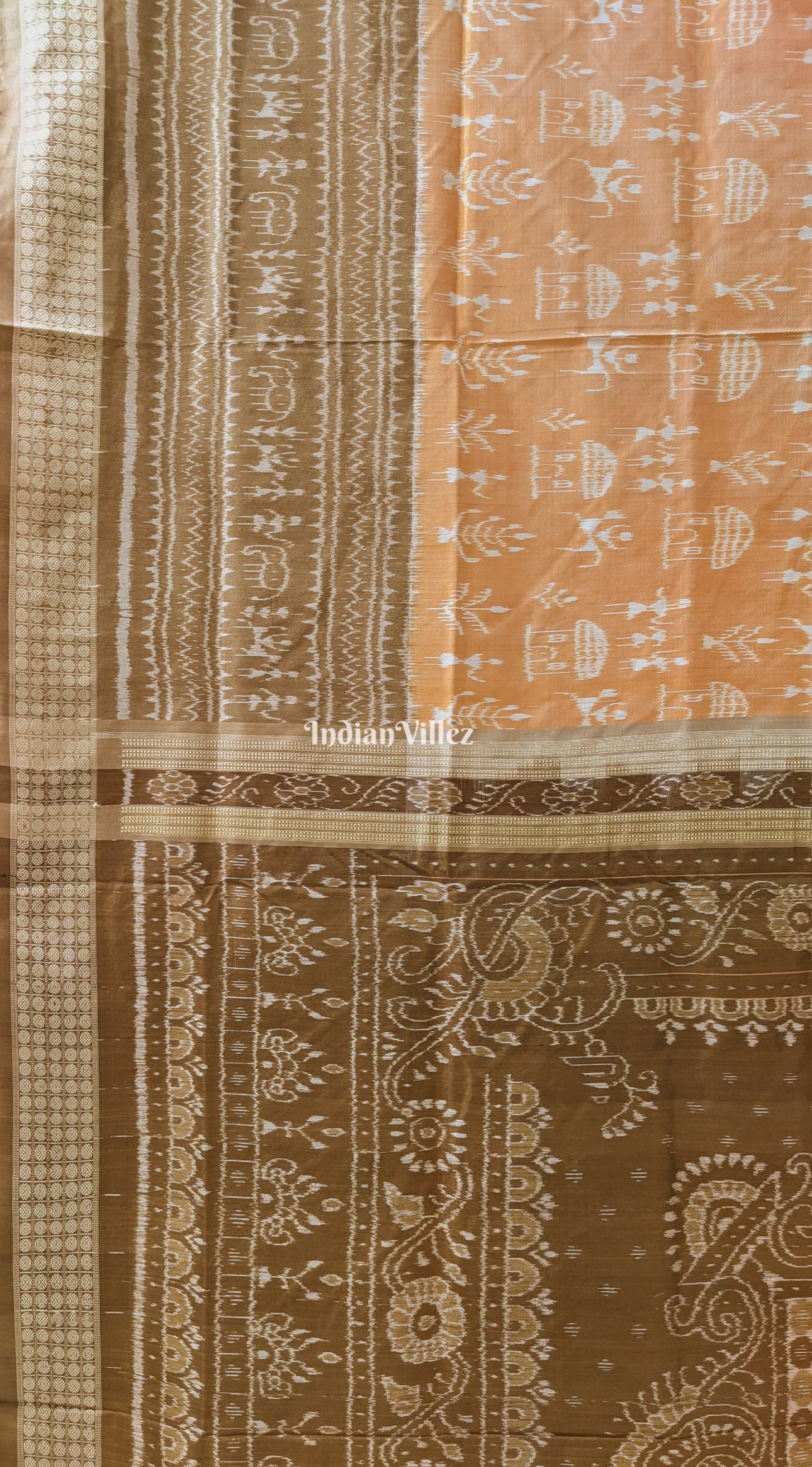 Peach Yellow Tribal Body Theme Sambalpuri Silk Saree