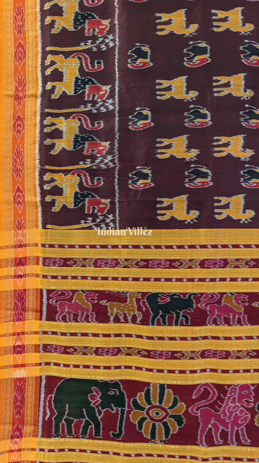 Coffee Yellow Animal Theme Odisha Ikat Khandua Silk Saree