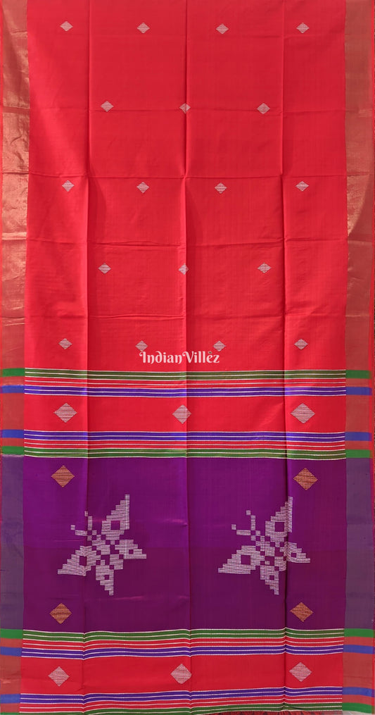 Reddish Orange Purple Handwoven Soft Silk Saree