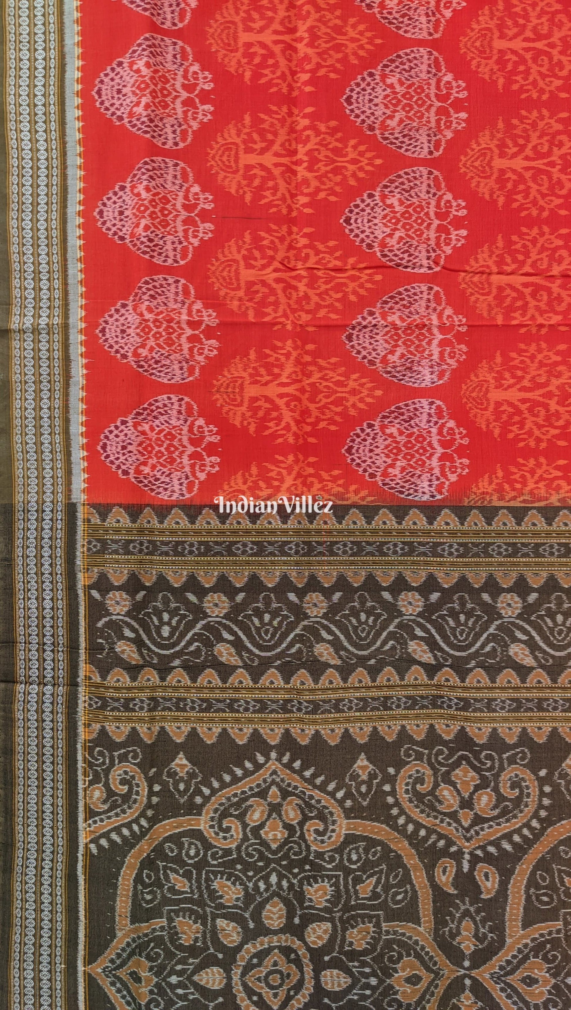 Orange Tree Theme Pure Sambalpuri Ikat Cotton Saree