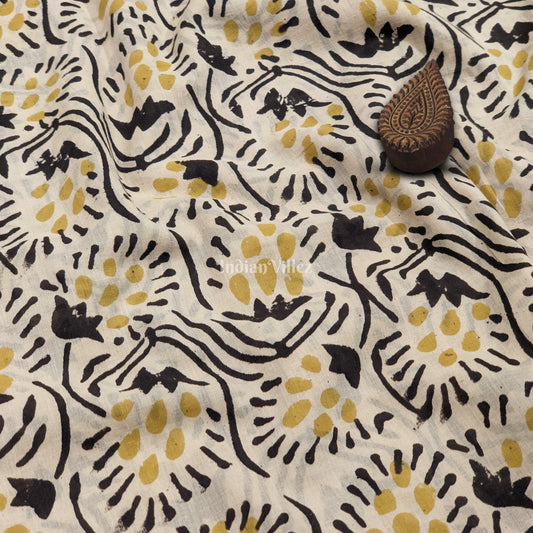 Butter Yellow Floral Hand Block Printed Cotton Fabric