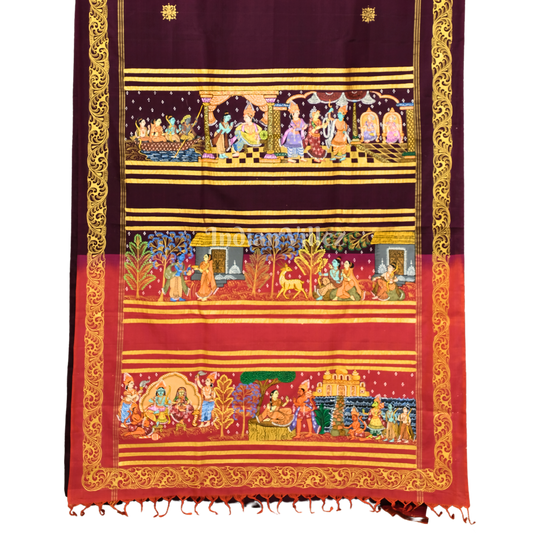 Deep Maroon Colour Ramayan Theme Pattachitra Silk Saree