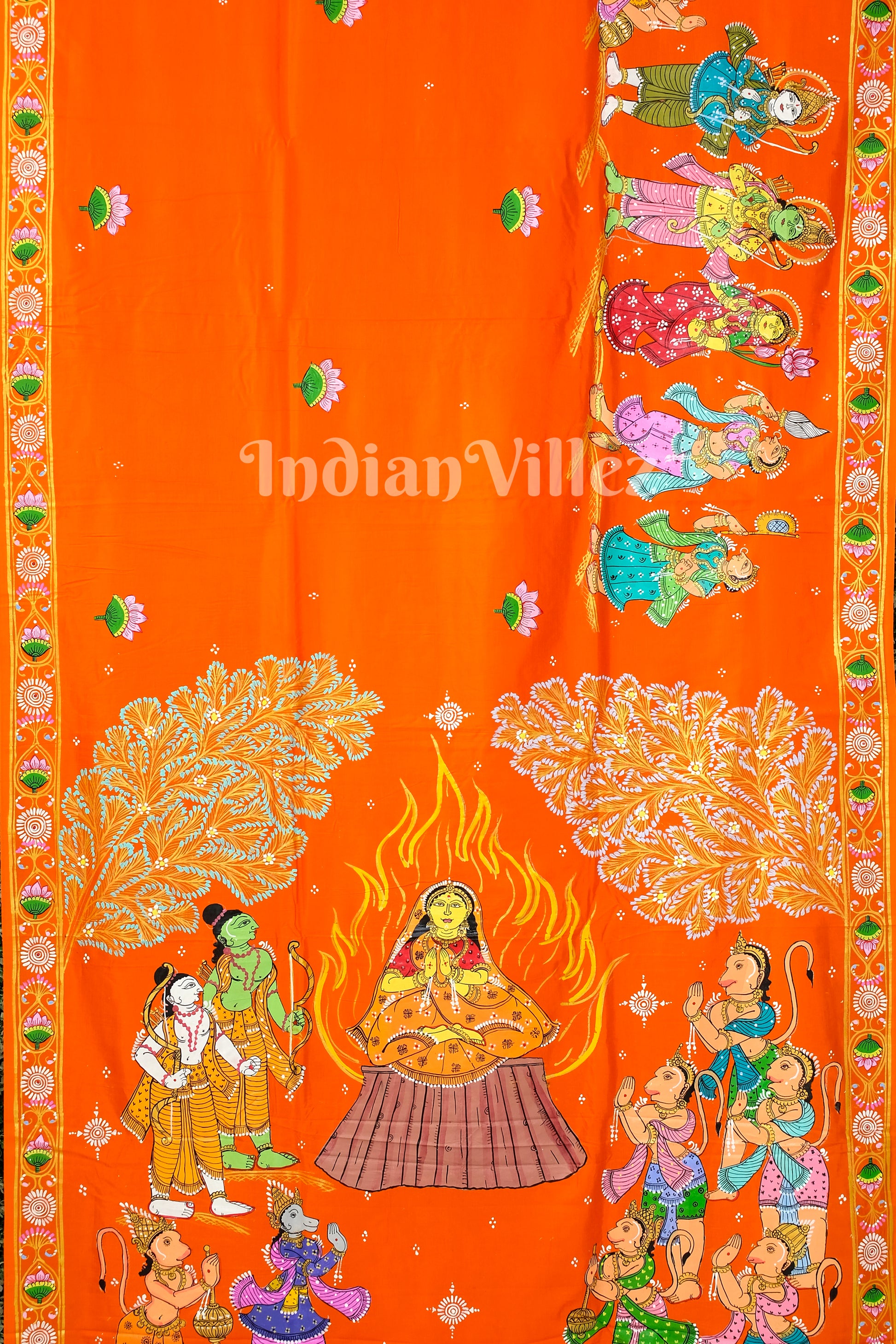 Orange Ramayan Theme Sita Agni Pariksya Pattachitra Khadi Silk Saree