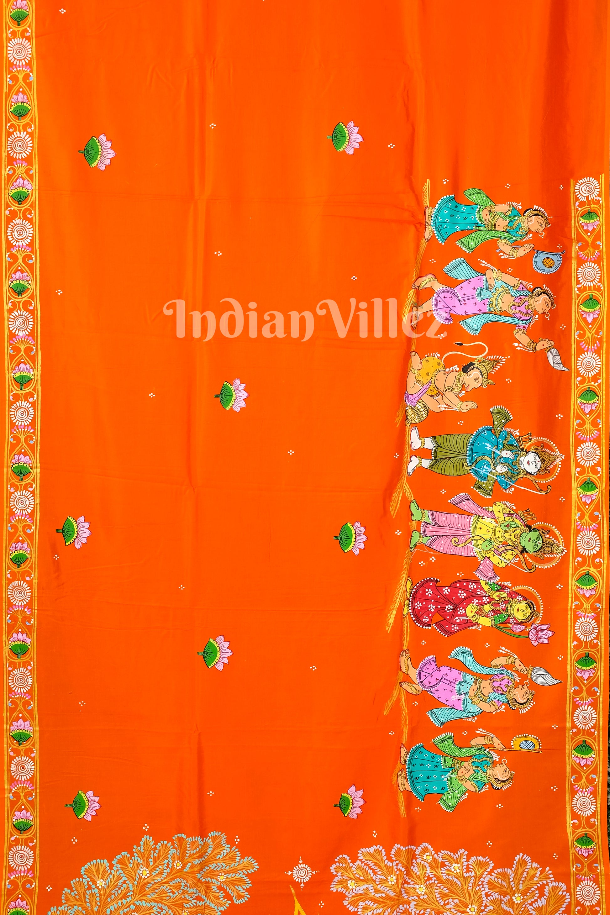 Orange Ramayan Theme Sita Agni Pariksya Pattachitra Khadi Silk Saree