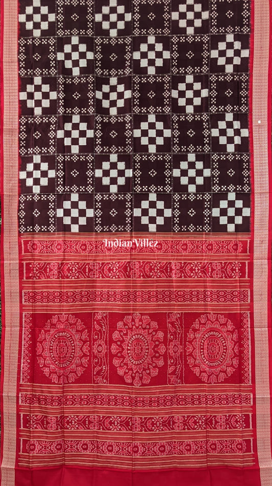 Wine Red Pasapali Theme Sambalpuri Silk Saree with Rudraksha Motif in Border