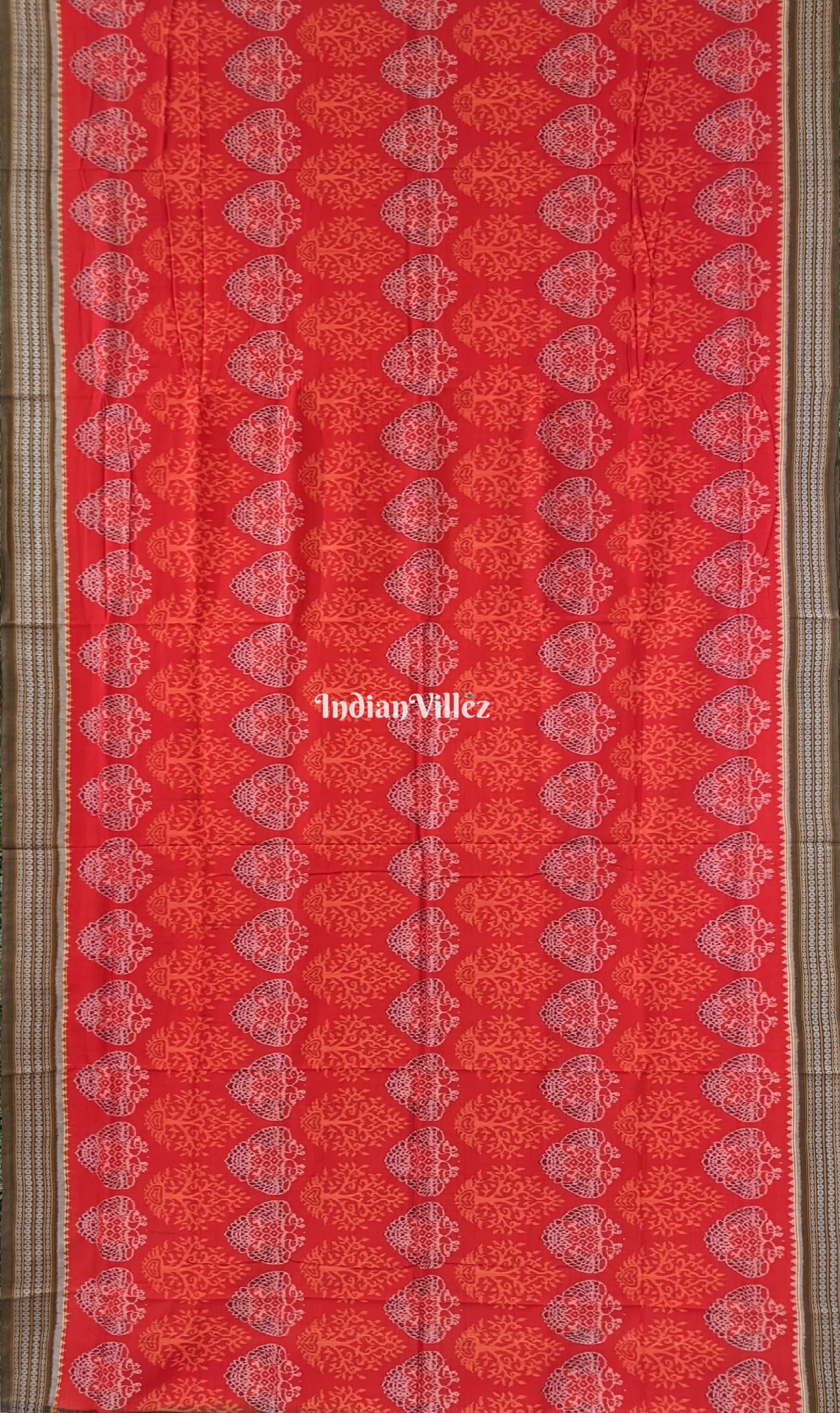 Orange Tree Theme Pure Sambalpuri Ikat Cotton Saree