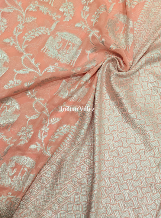 Peach Animal Motif Banarasi Georgette Shikargah Saree