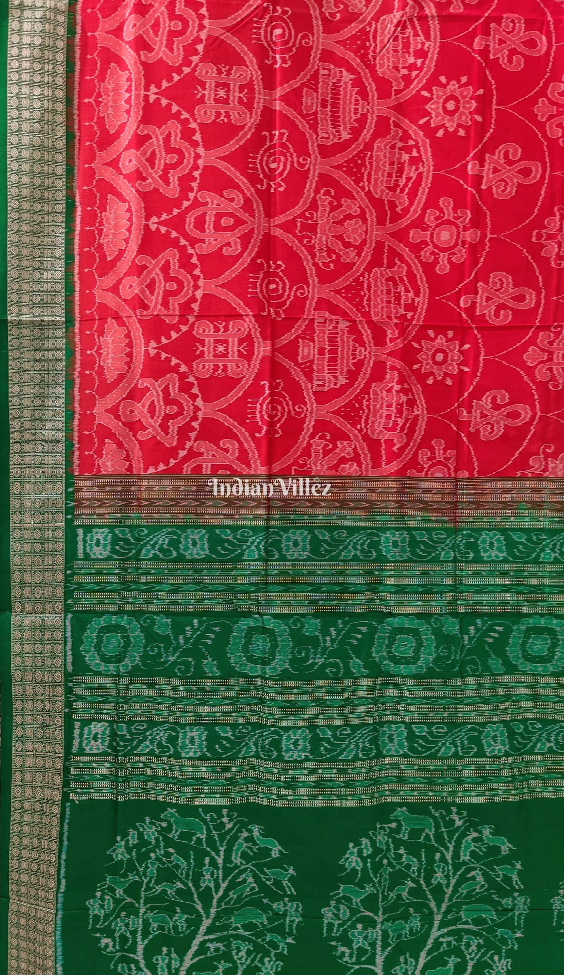 Reddish Orange Green Sambalpuri Bomkai Silk Saree