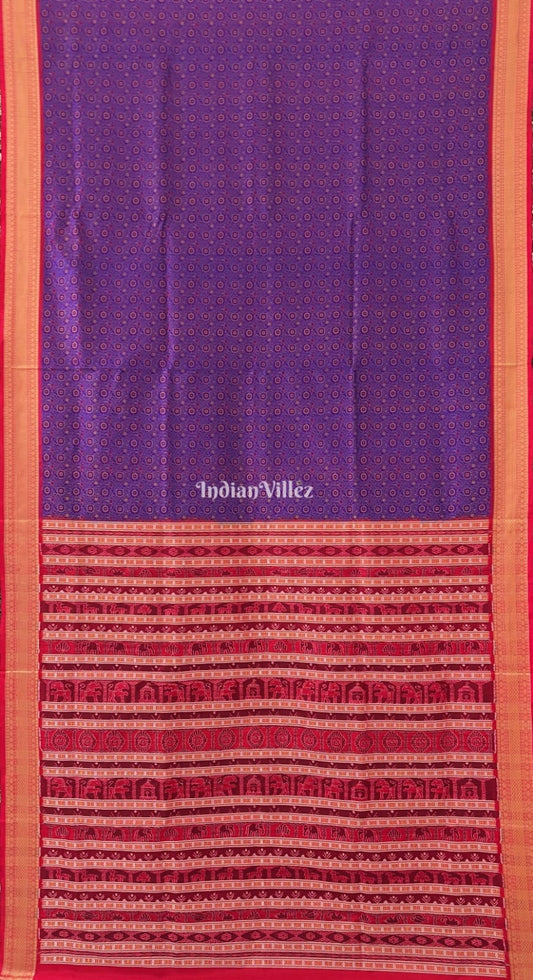 Blue Red Flower Design Bomkai Sambalpuri Ikat Silk Saree