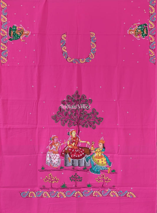 Pink Nartaki Pattachitra Art Kurti Cotton Dress Material