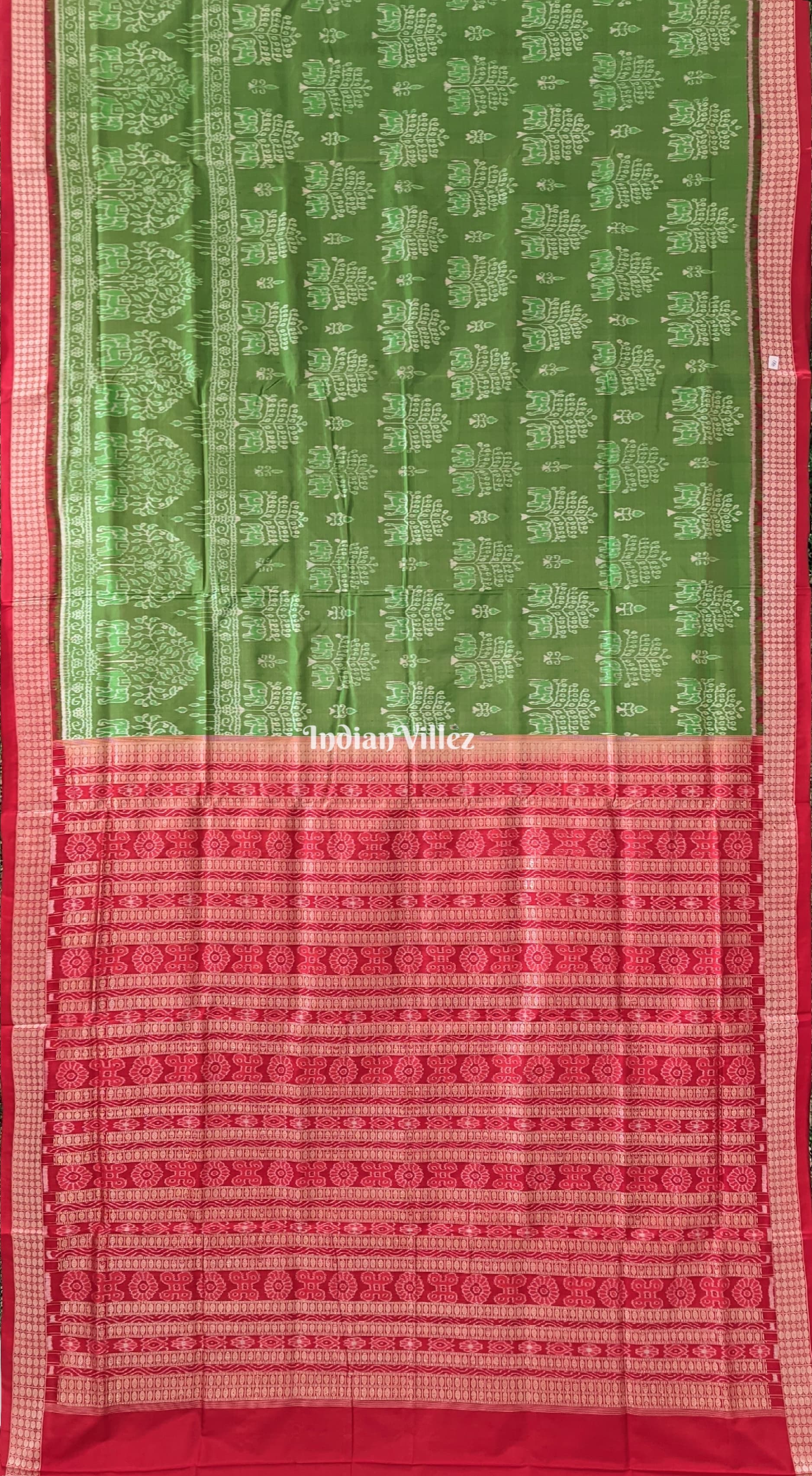 Parrot Green Red Dual Tone Elephant Pure Sambalpuri Bomkai Silk Saree