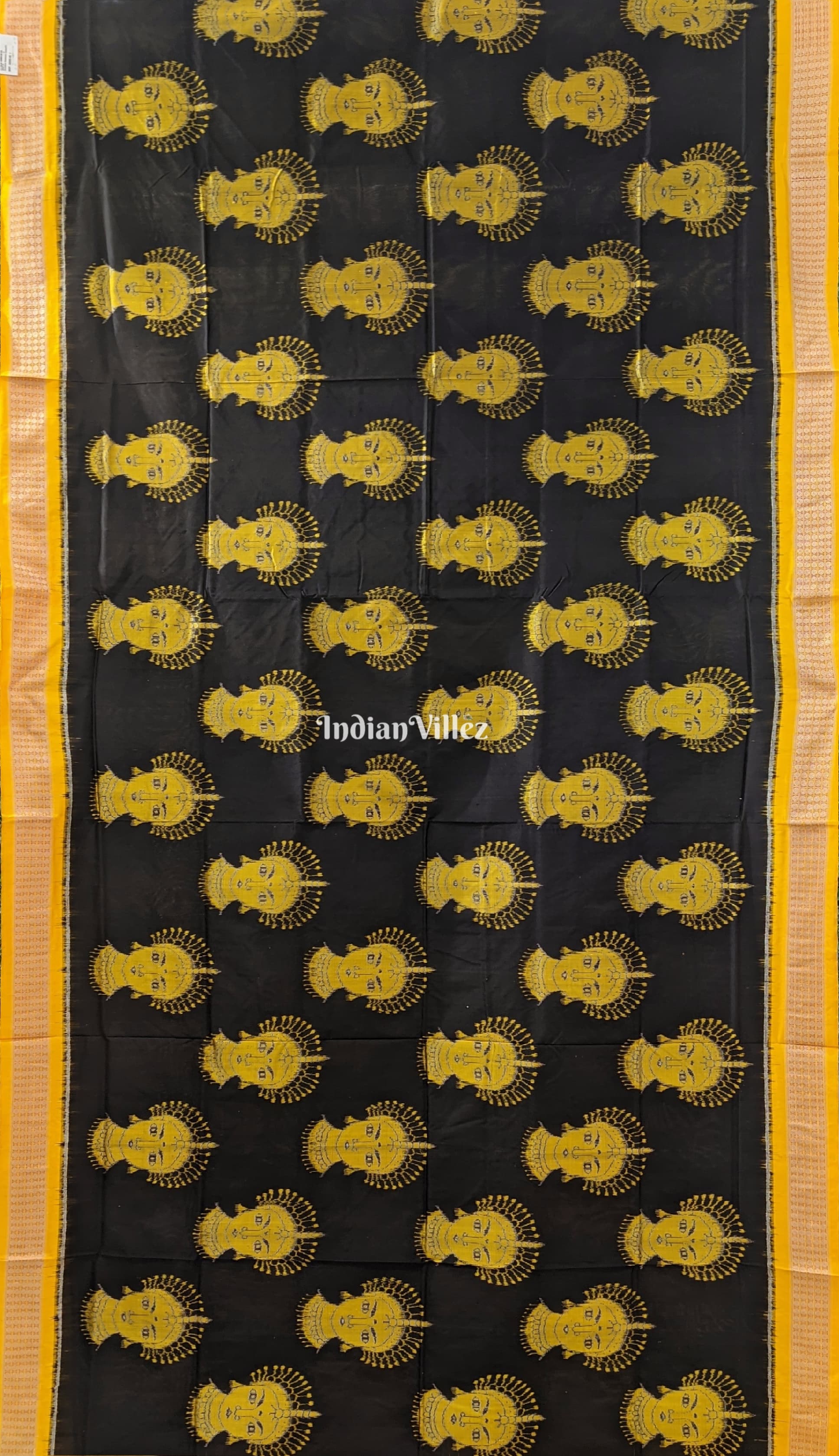 Black Yellow Nartaki Face Head Sambalpuri Ikat Silk Saree