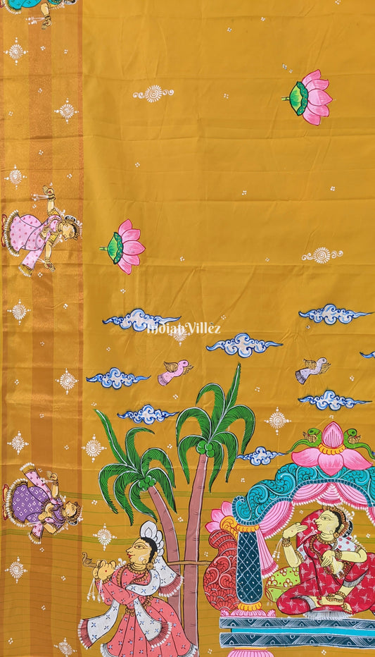 Yellow Doli Barat Theme Hand-Painted Pattachitra Saree