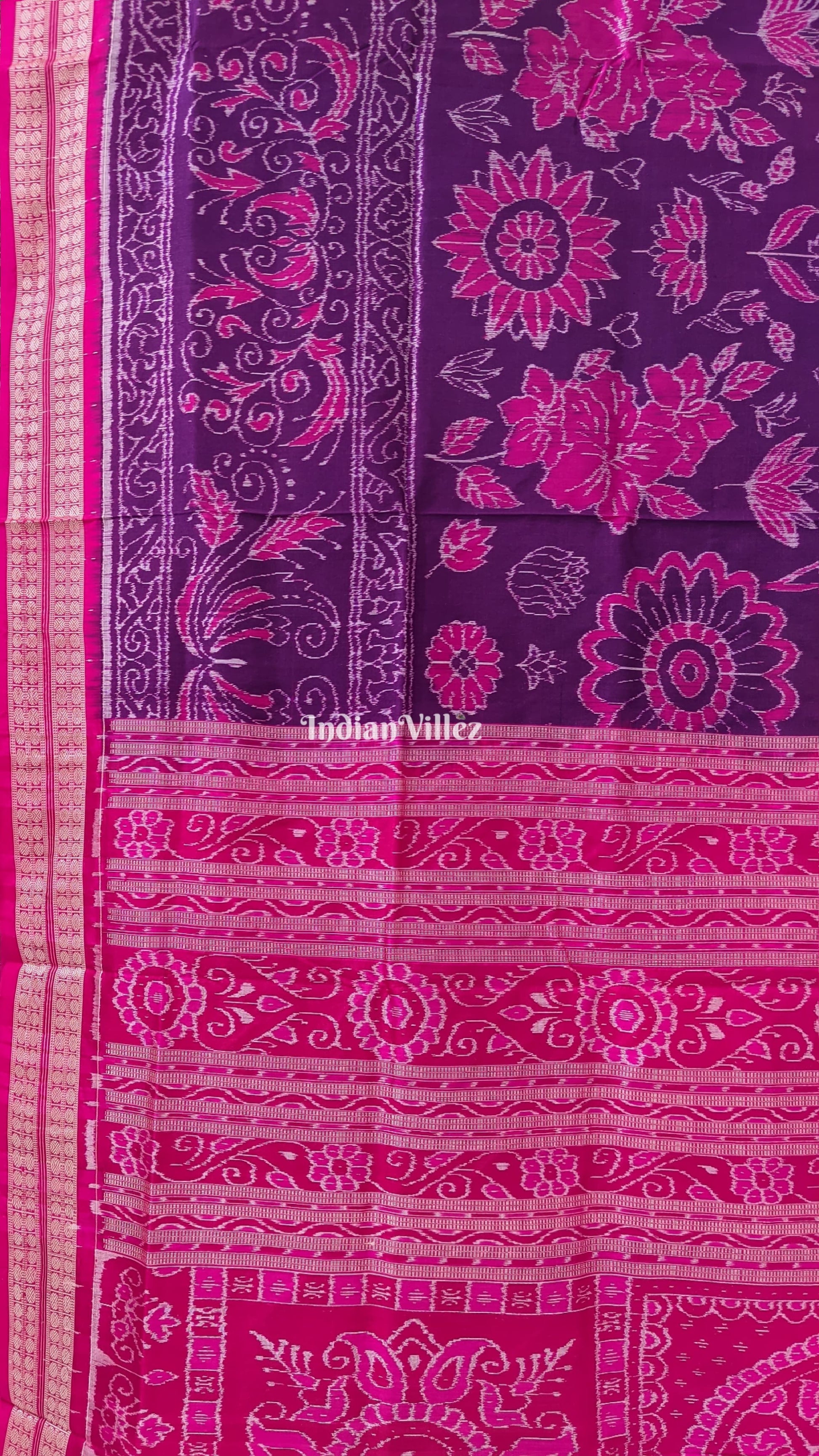 Purple Pink Flower Design Sambalpuri Pure Silk Saree