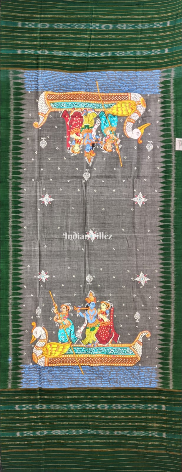 Gray Green Radha Krishna Cotton Pattachitra Dupatta