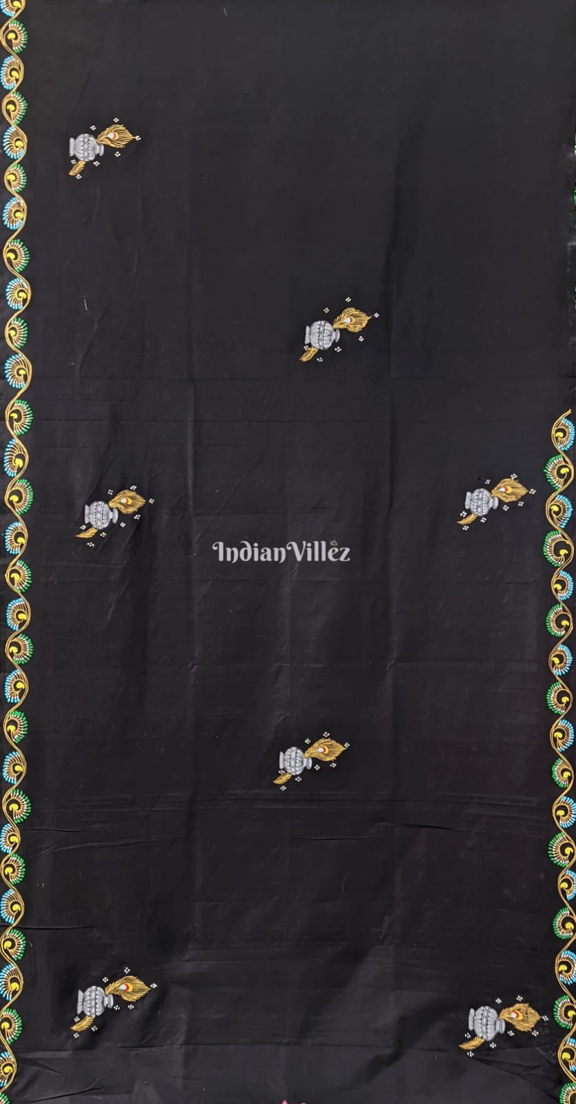 Black Radha Krishna Hand-Painted Pattachitra Silk Saree