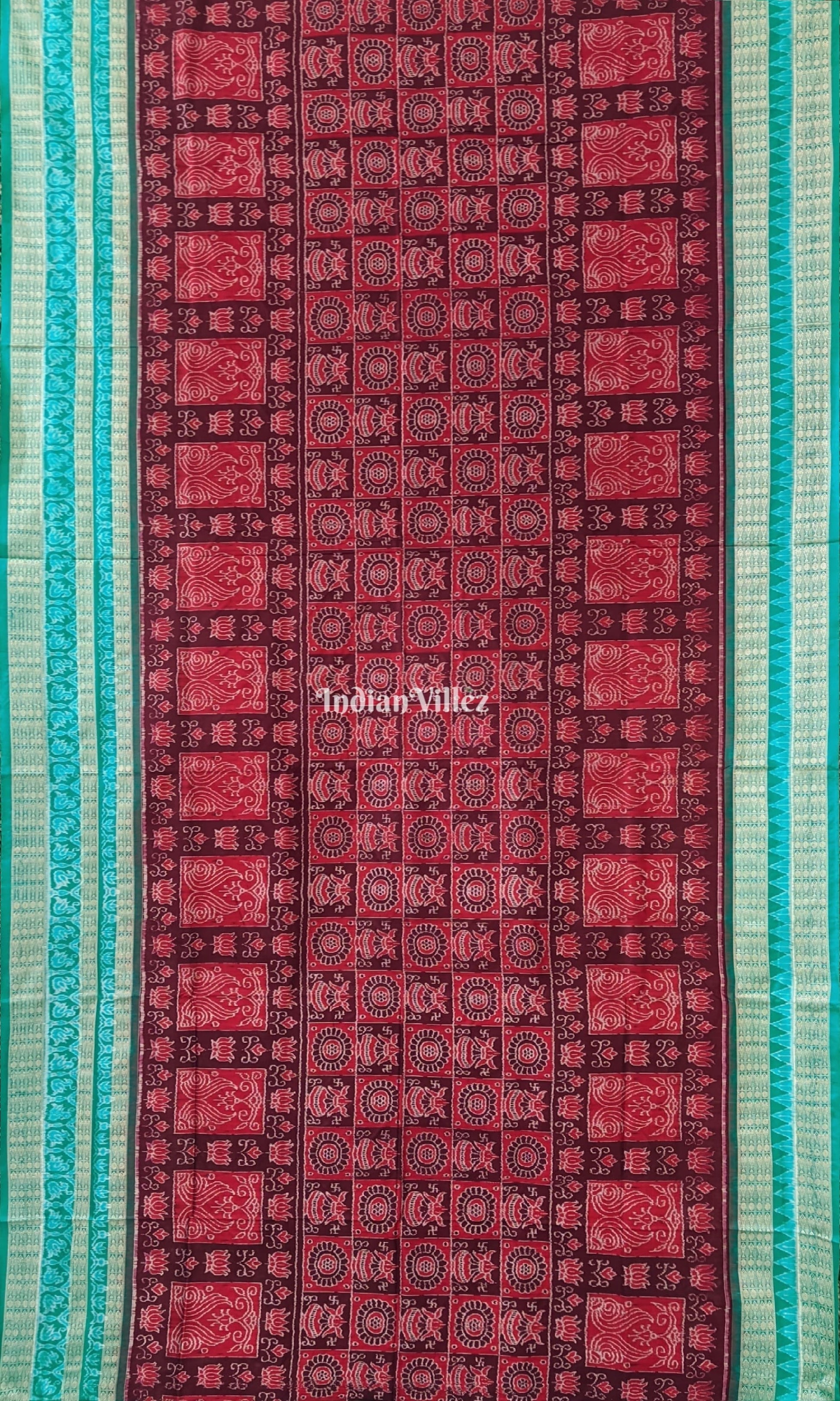 Wine Pine Green Lotus & Kalas Sambalpuri Silk Saree with Fish Motif in Border