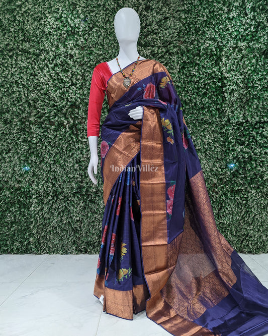 Blue Floral Digital Print Kanjivaram Silk Saree 