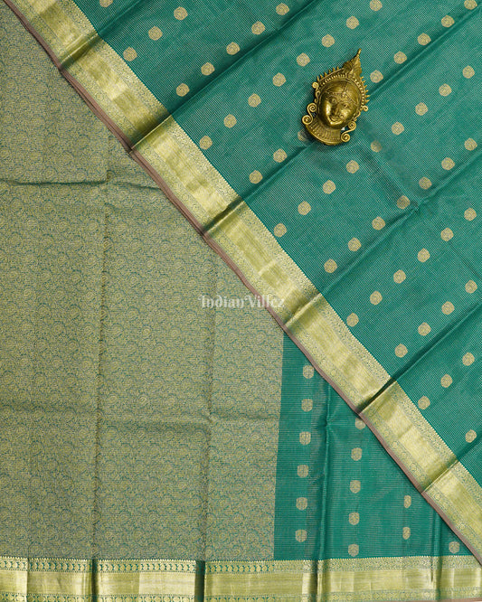 Teal Green Golden Stripped Pure Kanjivaram Silk Saree