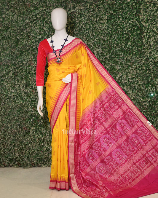 Dark Yellow with Rani Pink Bomkai  Sambalpuri Silk Saree