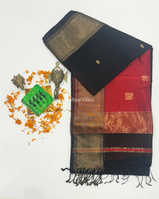 Black Flower Butta Design Maheshwari Handloom Cotton*Silk Saree