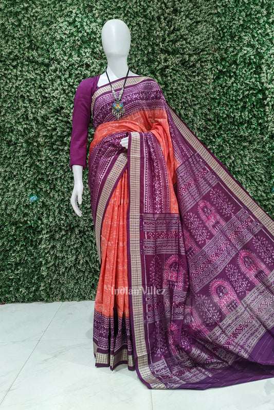 Orange Purple Odisha Ikat Tribal Theme Sambalpuri Silk Saree