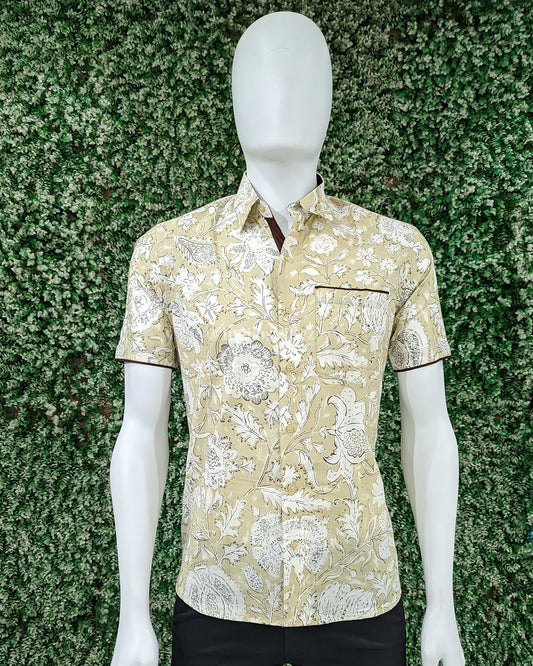 Light Yellow With Black Block Printed Half Sleeve Shirt for Men