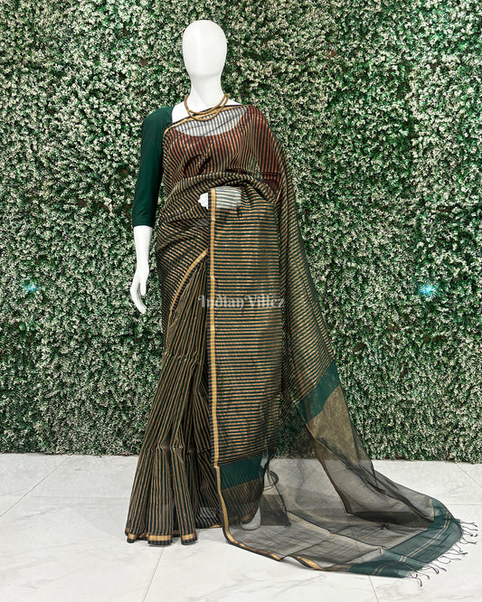 Green Striped Design Maheshwari Handloom Cotton*Silk Saree