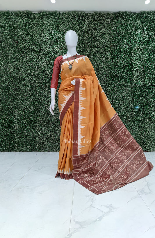 Yellow Orange Phoda Kumbha Theme Odisha Ikat Contemporary Silk Saree