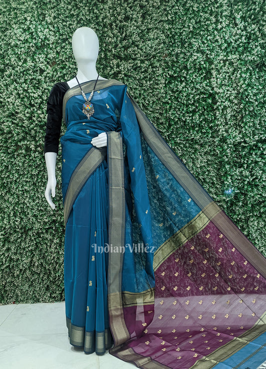 Peacock Blue with Violet Maheshwari Handloom Saree