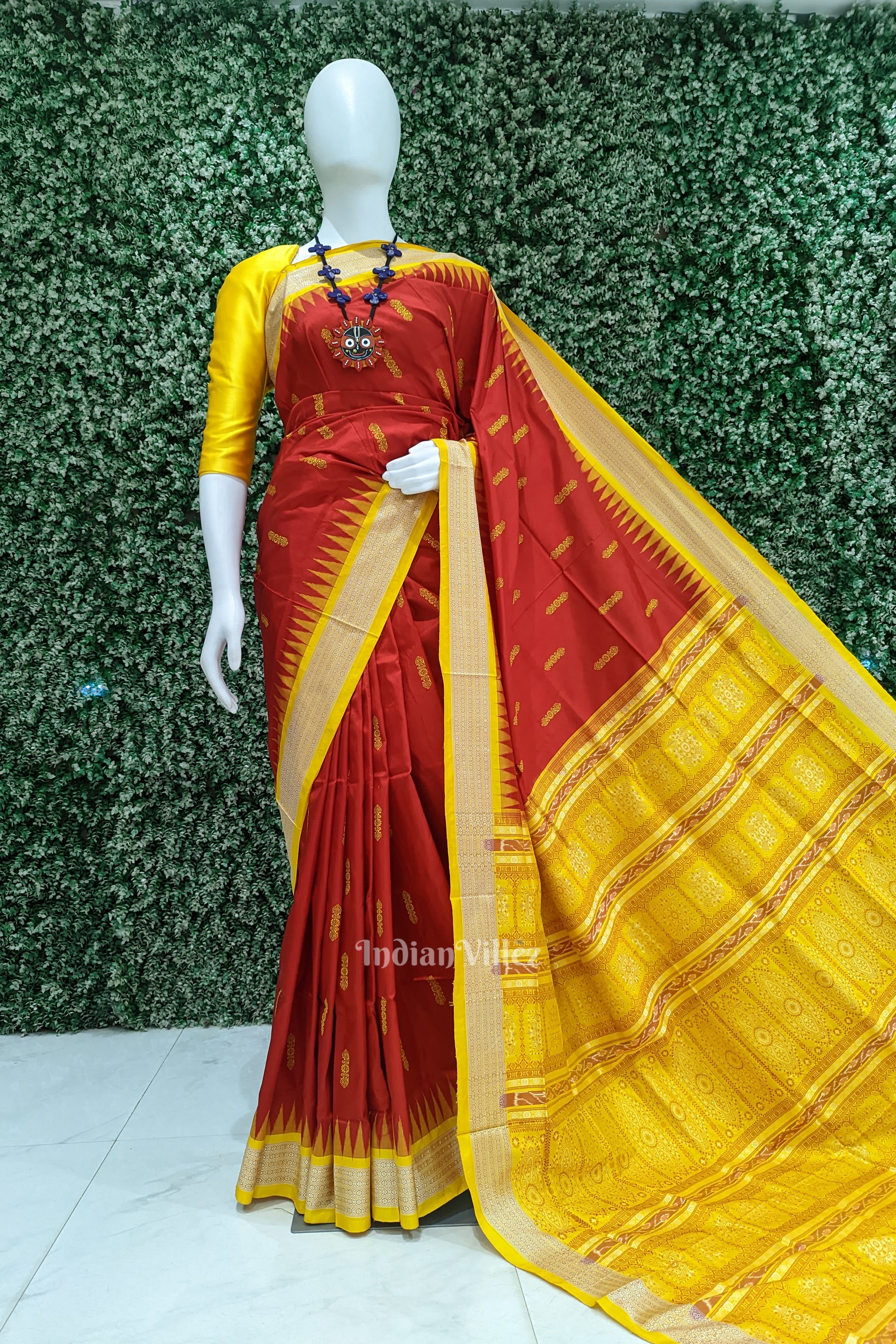 Red Yellow Sambalpuri Bomkai Silk Saree