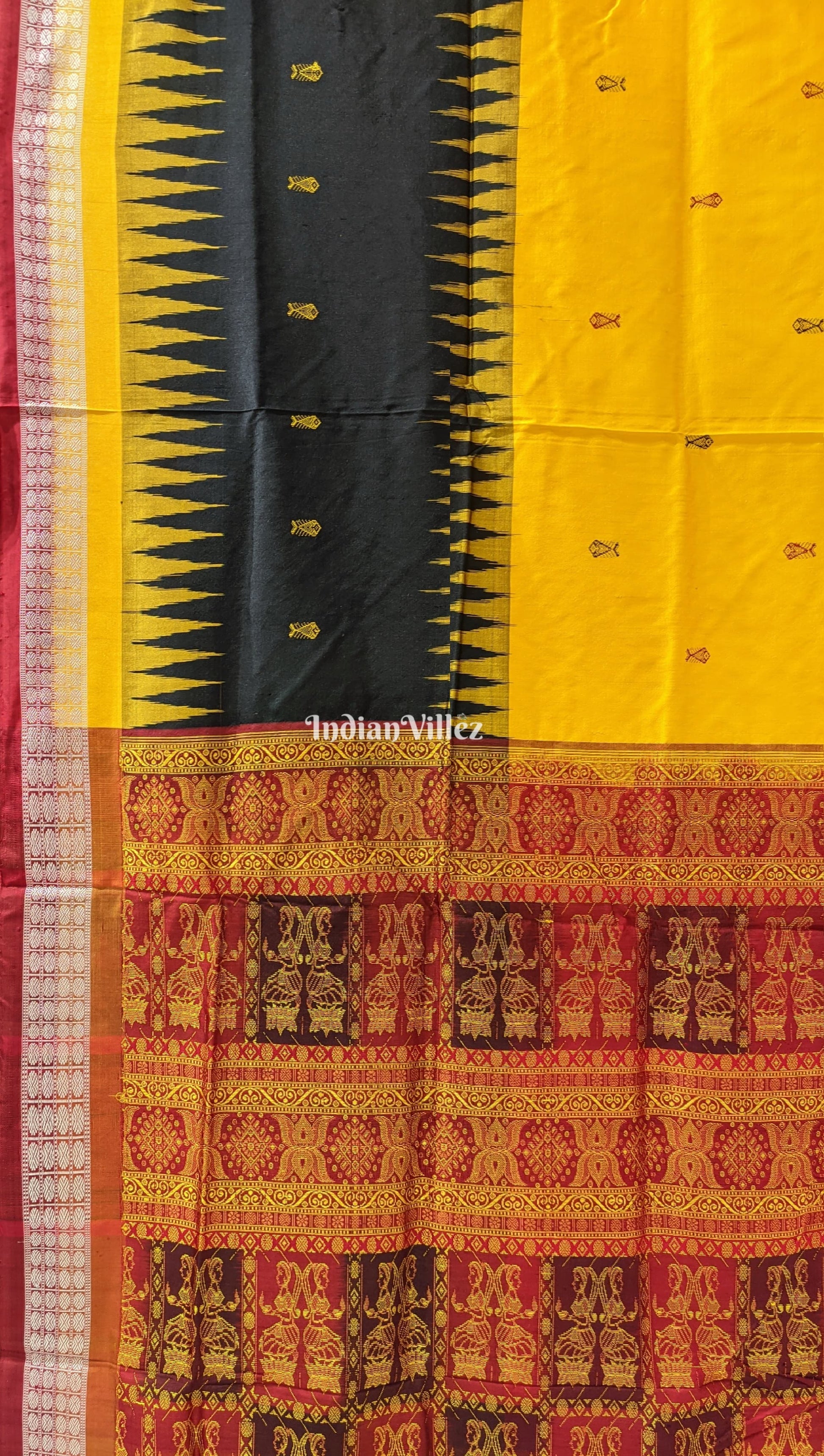 Yellow Black Fish Motif Sambalpuri Bomkai Silk Saree with Nartaki Anchal