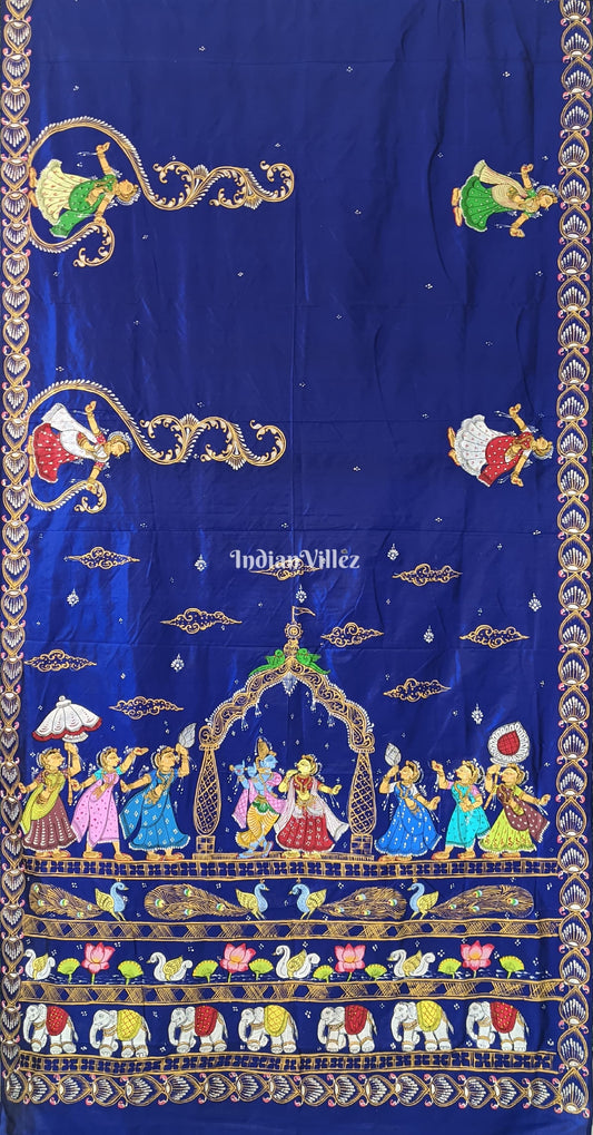 || राधाकृष्ण || Blue Radha Krishna Pattachitra Silk Saree