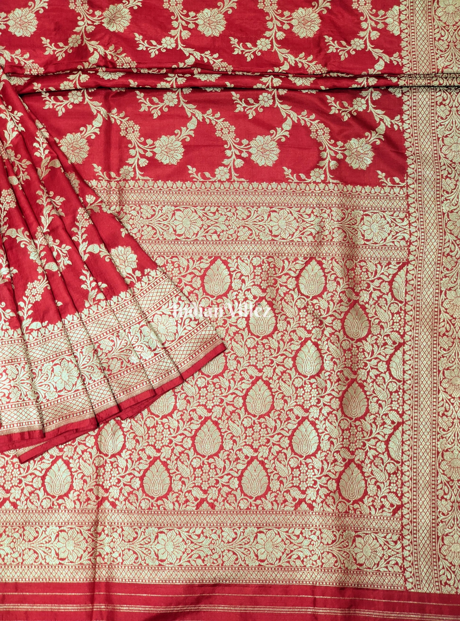 Red Floral Theme Banarasi Katan Saree