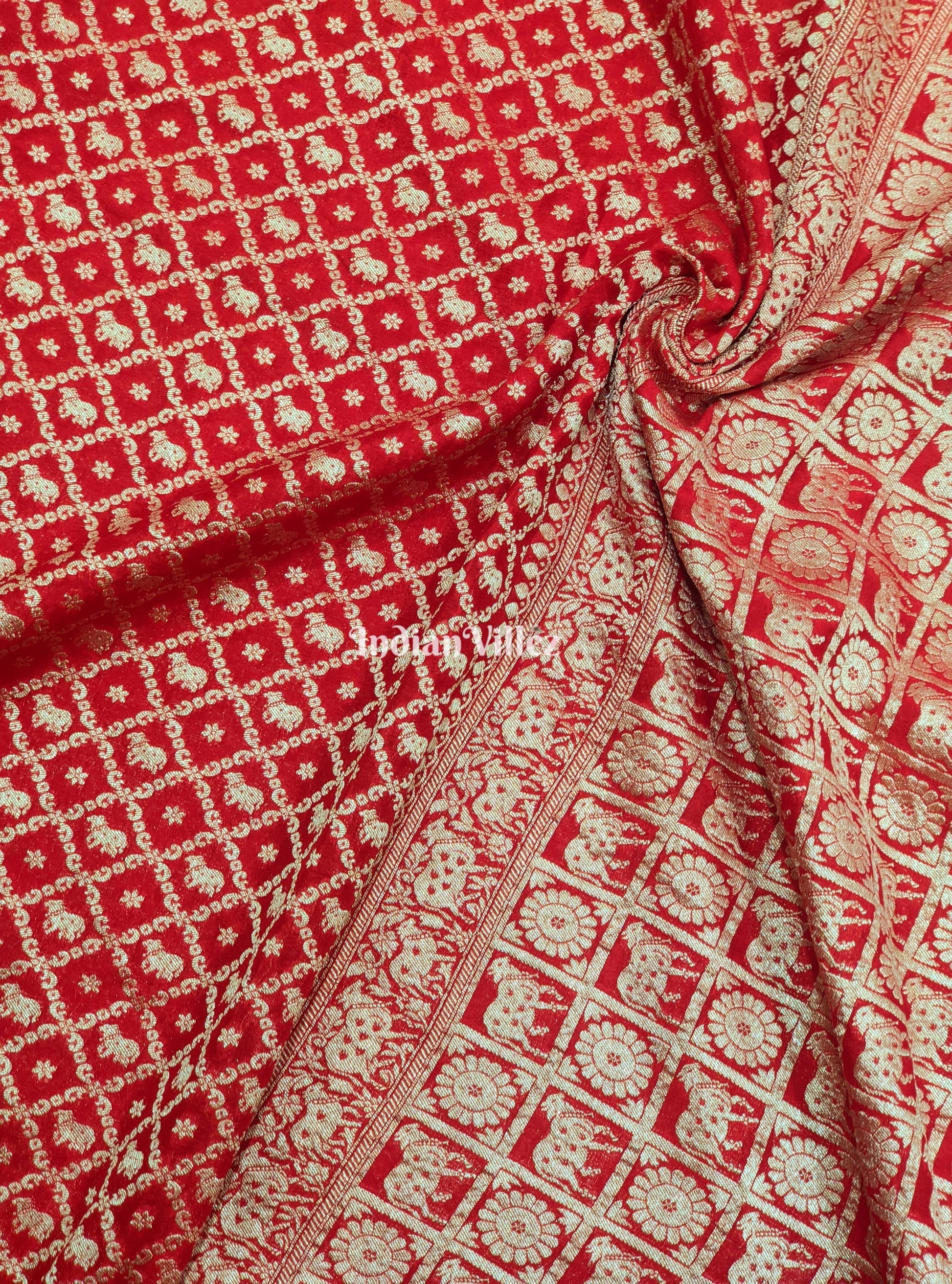 Red Color Bull Motif Banarasi Georgette Saree