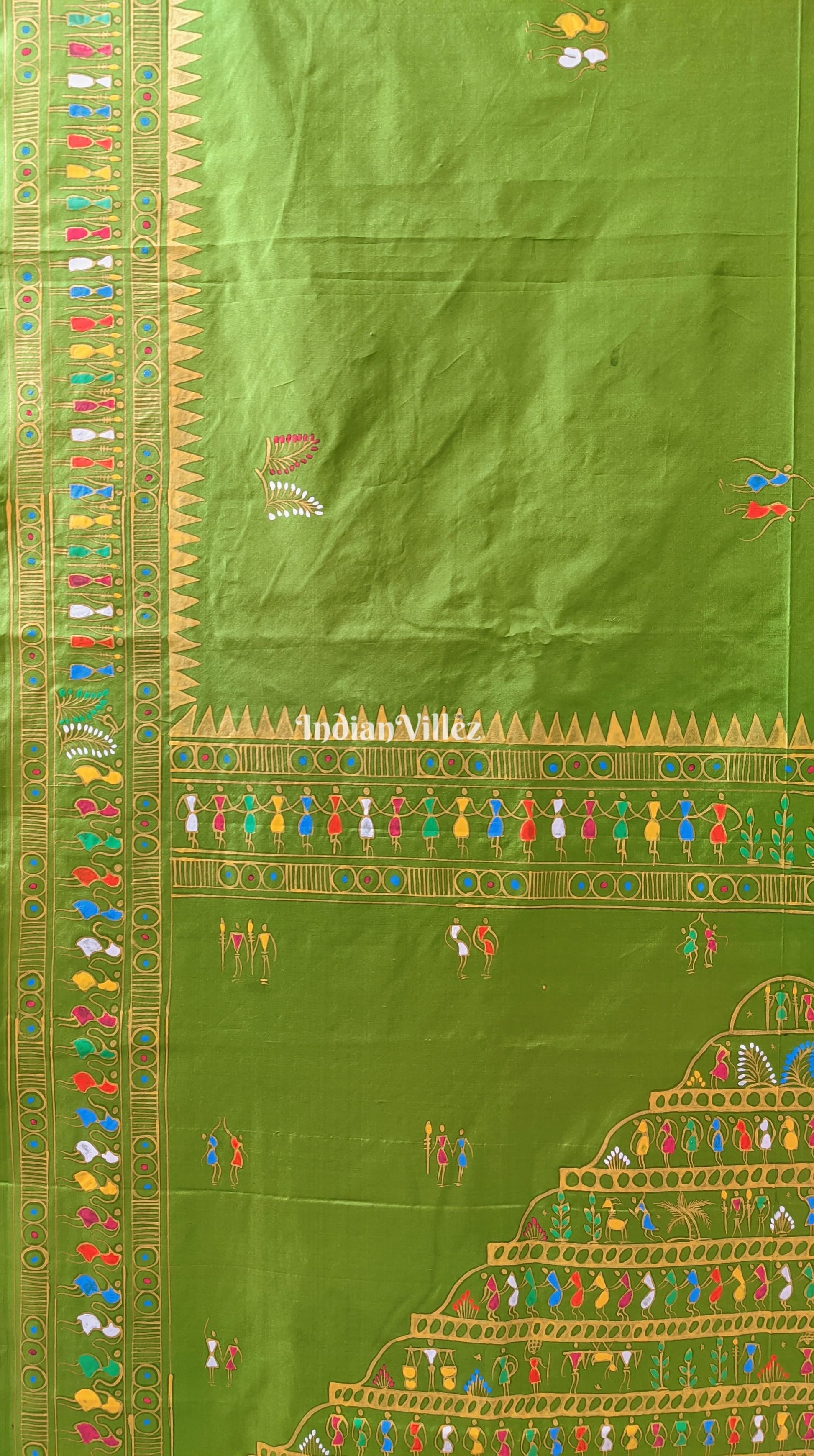 Parrot Green Tribal Themed Pattachitra Silk SareeParrot Green Tribal Themed Pattachitra Silk Saree