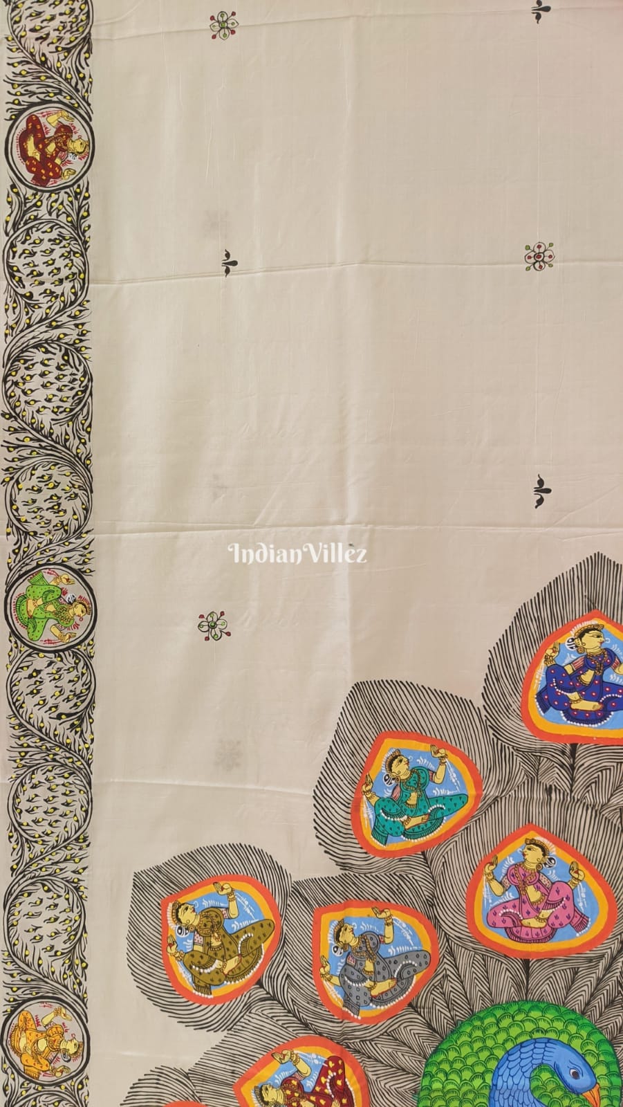 White PEACOCK (Mayur) & Nartaki Theme Pattachitra Silk Saree