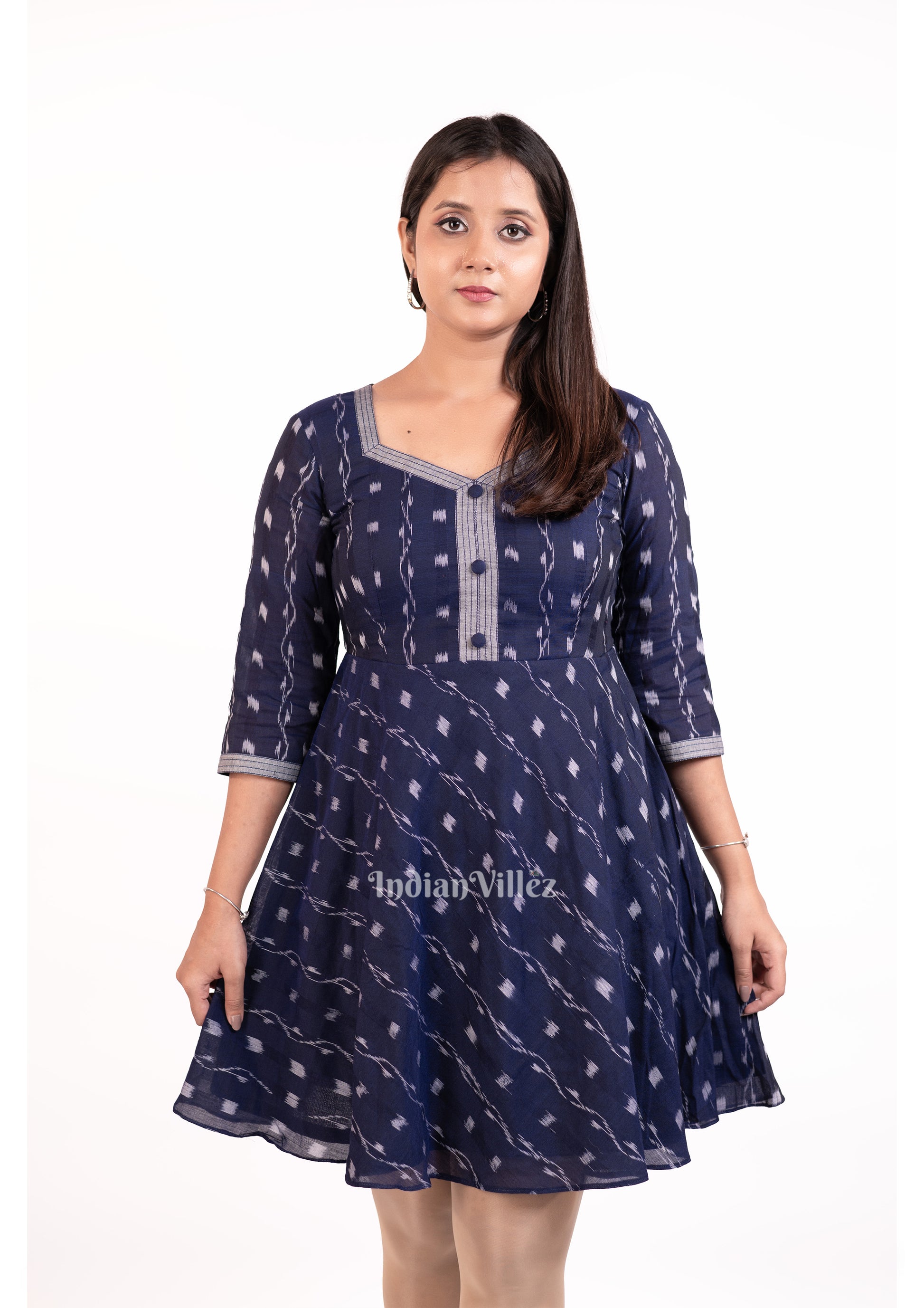 Navy Blue Sambalpuri Odisha Ikat Designer  Midi Frock for Women