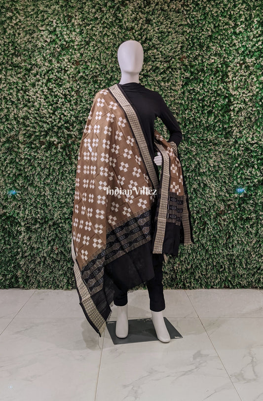 Brown Gray Pasapali Theme Pure Sambalpuri Silk Dupatta