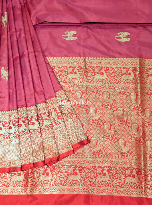 Pink Peach Parrot Handwoven Banarasi Katan Silk Saree