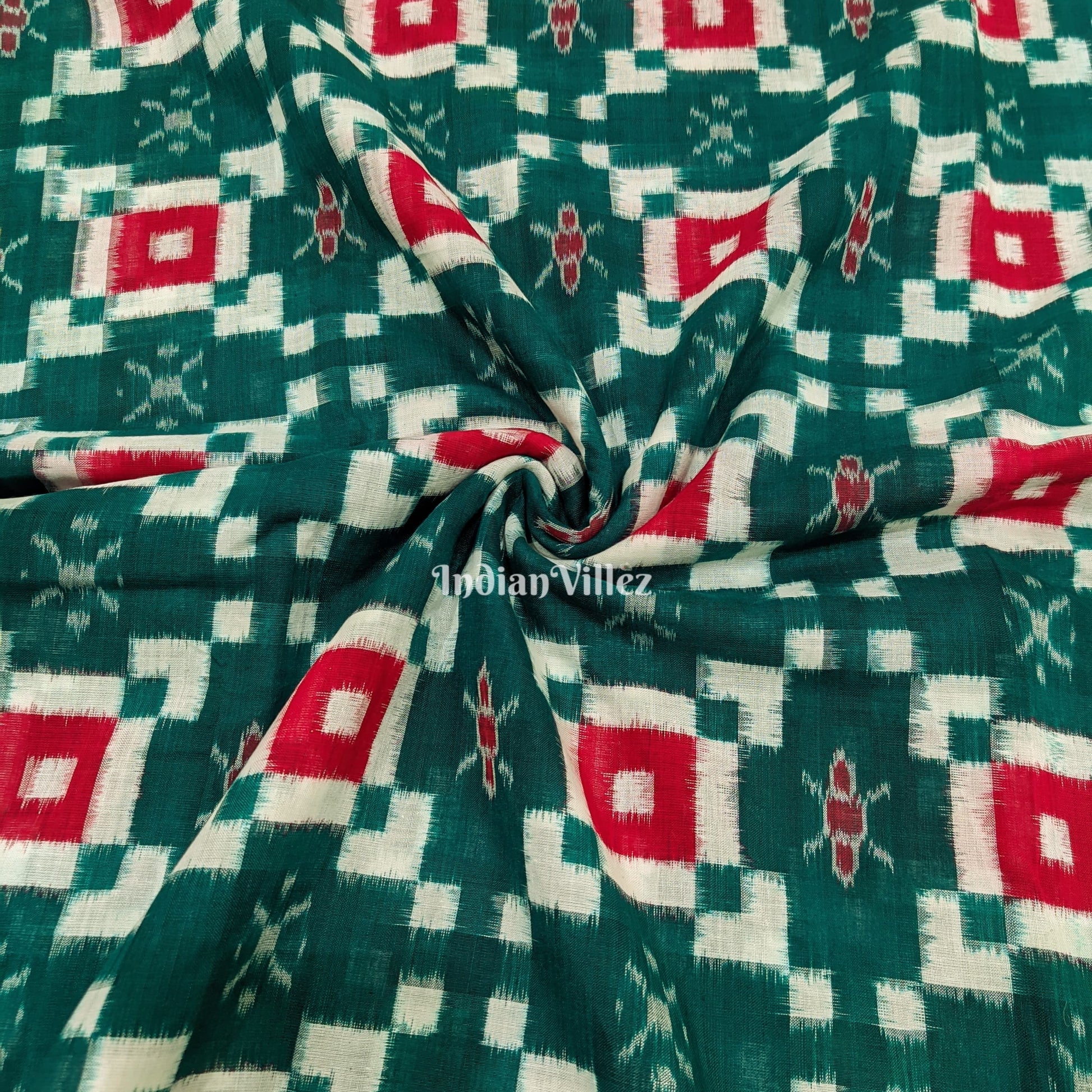 Bottle Green Pasapali Theme Sambalpuri Ikat Cotton Fabric