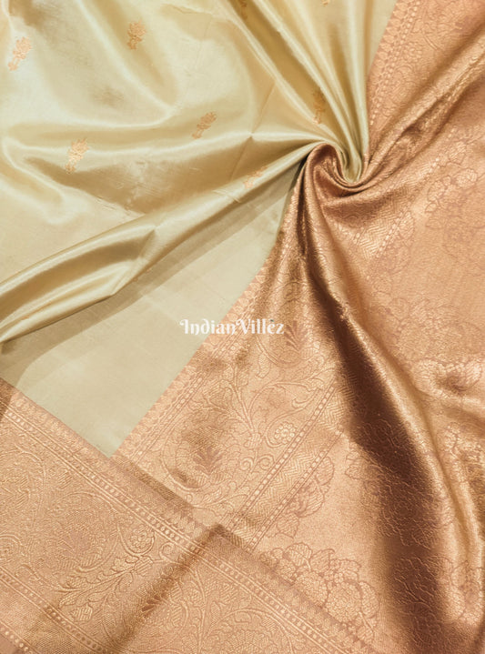 Cream Flower Motif Banarasi Katan Silk Saree