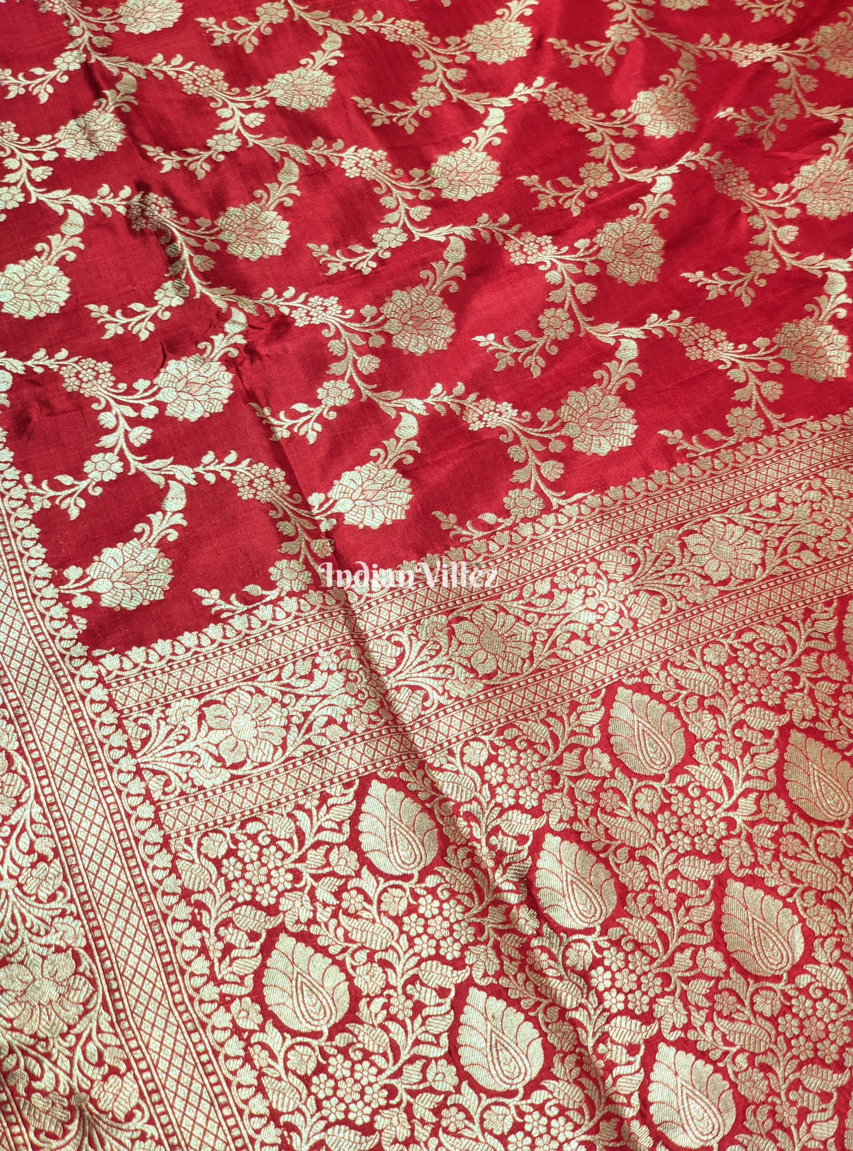 Red Floral Theme Banarasi Katan Saree