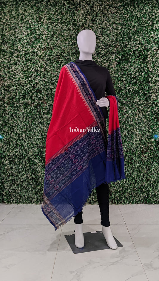 Red Blue Handwoven Odisha Ikat Cotton Dupatta