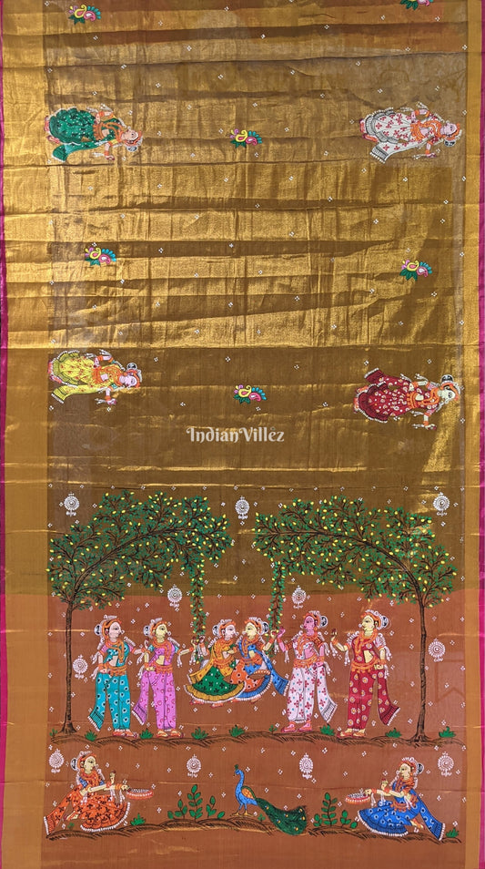 Golden Raja Theme Pattachitra Work on Kerala Tissue Saree