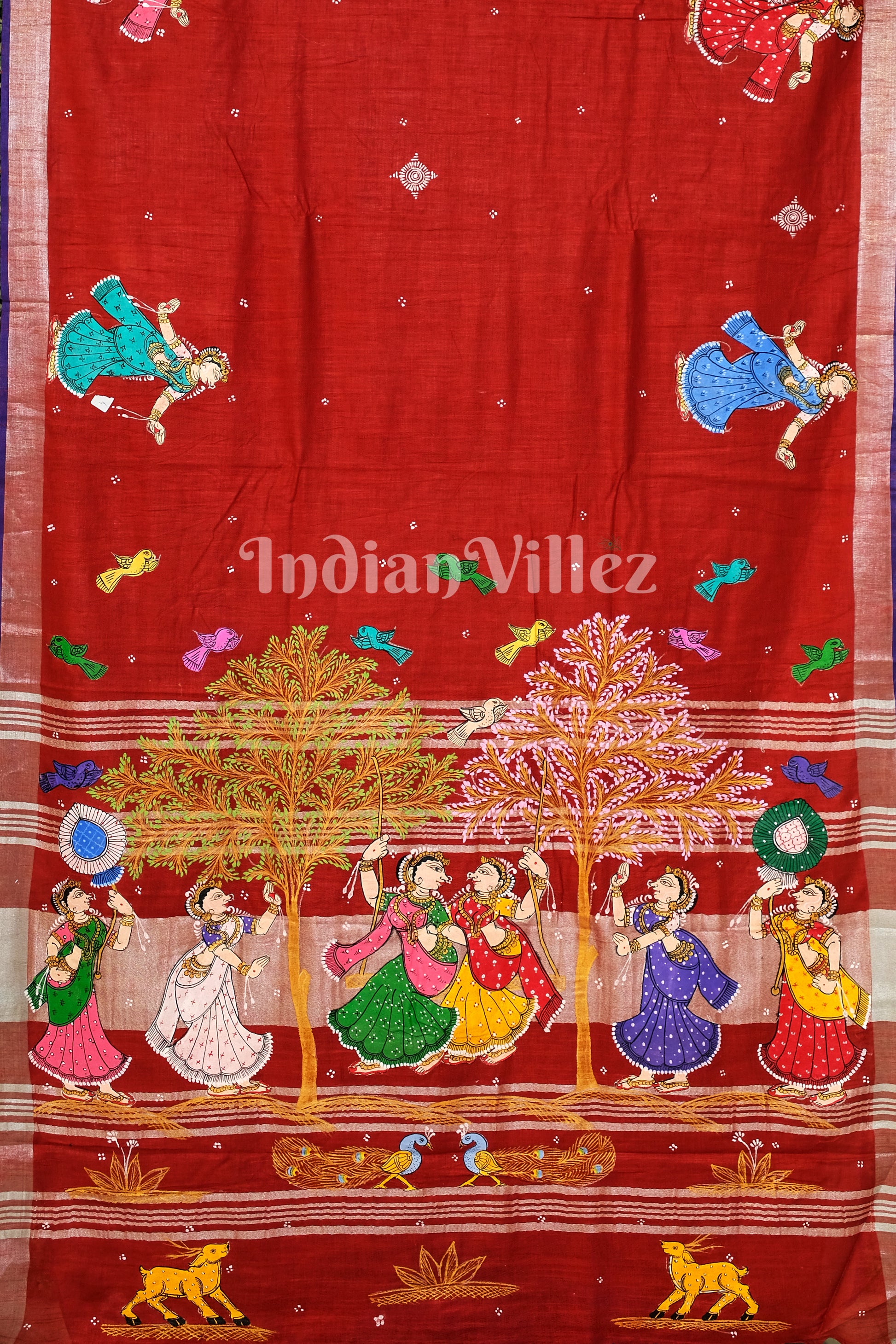 Red Nartaki Theme Pattachitra Saree with Zari Border