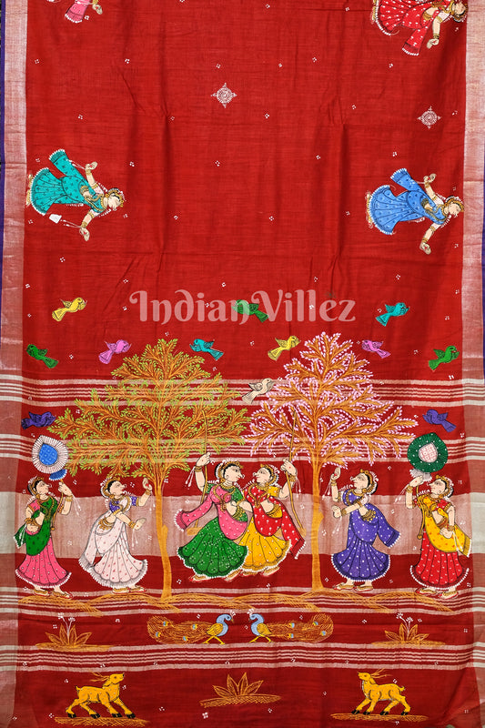 Red Nartaki Theme Pattachitra Saree with Zari Border