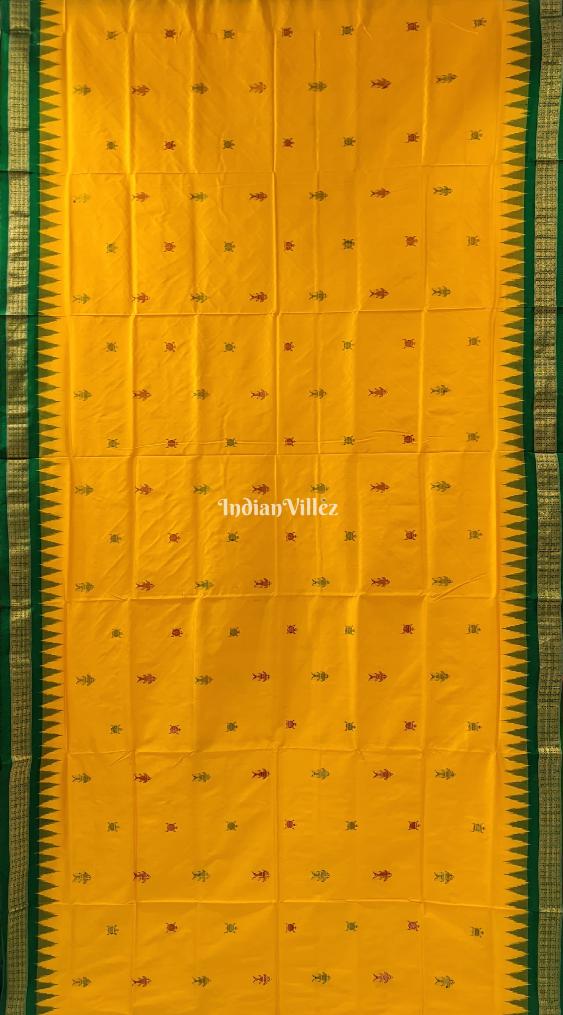 Yellow Green FIsh Motif Sambalpuri Silk Saree