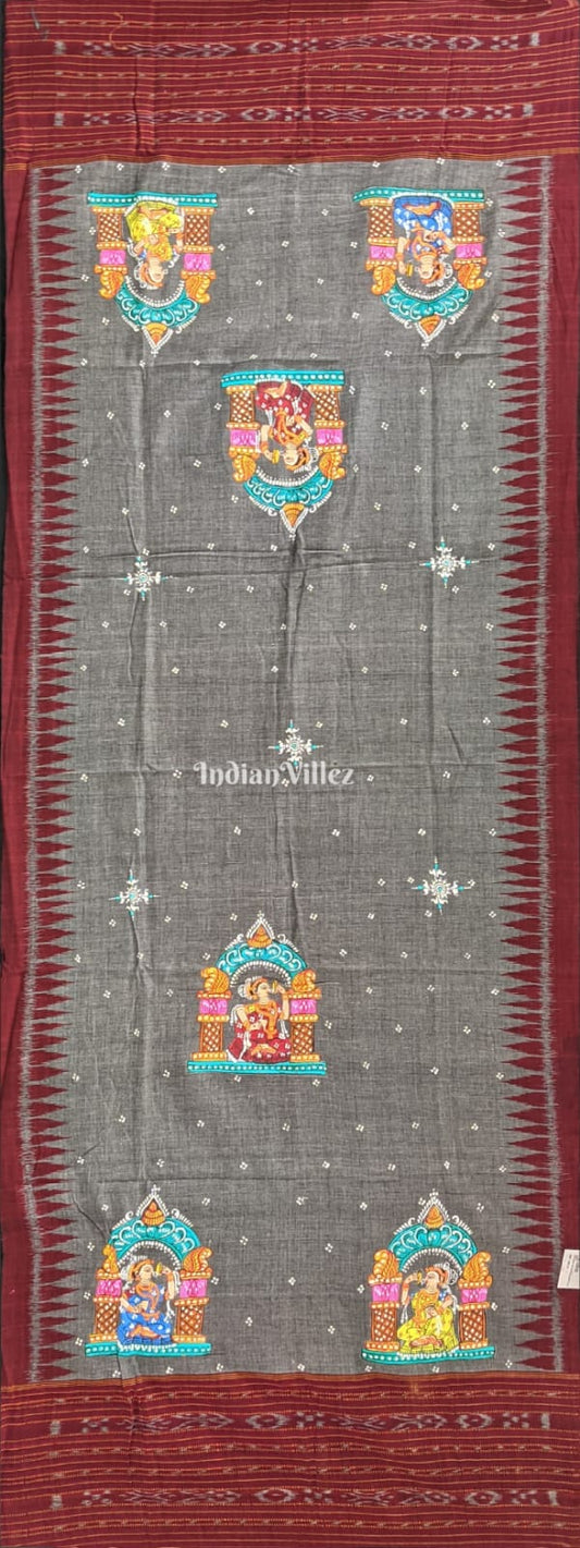 Gray Maroon Temple Nartaki Cotton Pattachitra Dupatta